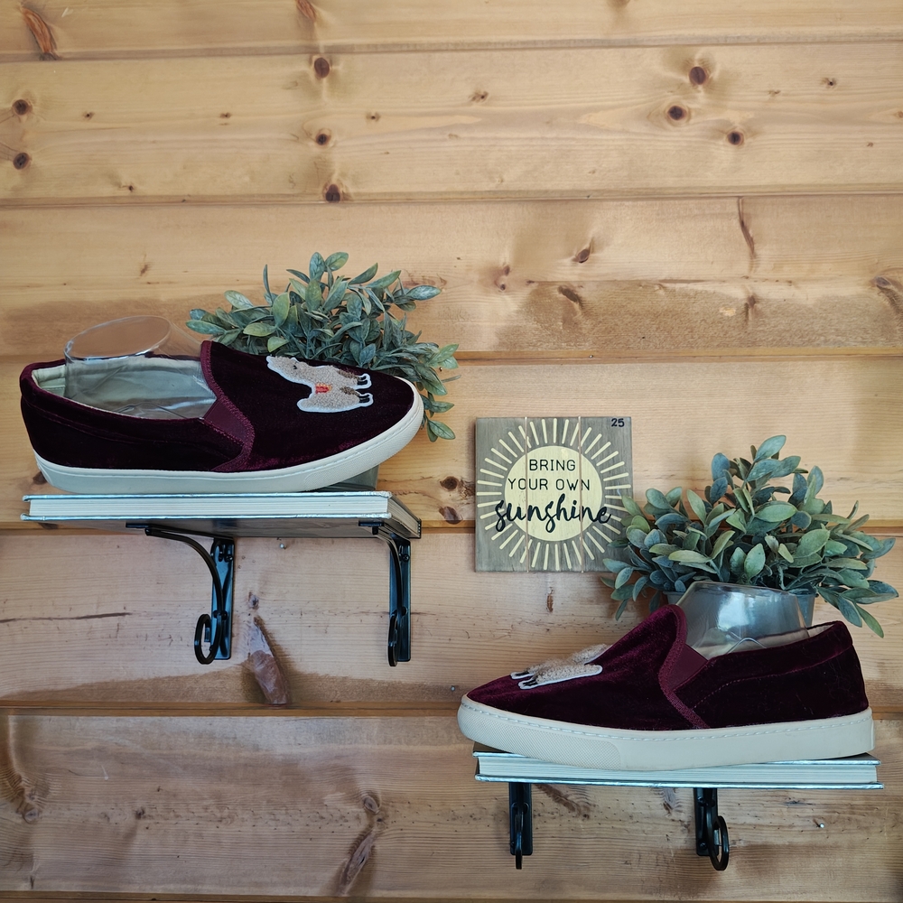 Soludos Anthropologie Burgundy Red Velvet Llama Cork Sneakers Slip On Shoe Sz 10